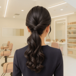 Elegant hairstyle at the cheapest hair salon, showing a client from the back